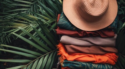 A stack of colorful fabrics topped with a straw hat sits amidst green tropical leaves, capturing the essence of a warm, relaxed outdoor atmosphere