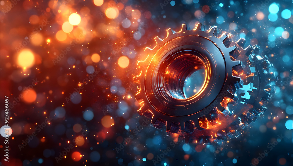Poster a vibrant gear illuminated with colorful lights, creating a captivating blend of technology and arti