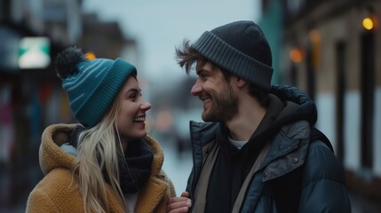 Fototapeta premium Young couple exploring a vibrant city, holding hands and smiling, urban adventures and discovery, colorful street art and architecture in the background, sense of romance and excitement
