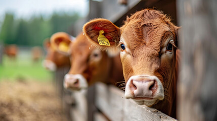 A curious brown cow peeks through a wooden fence on a farm, with a yellow ear tag visible, in a rural setting.