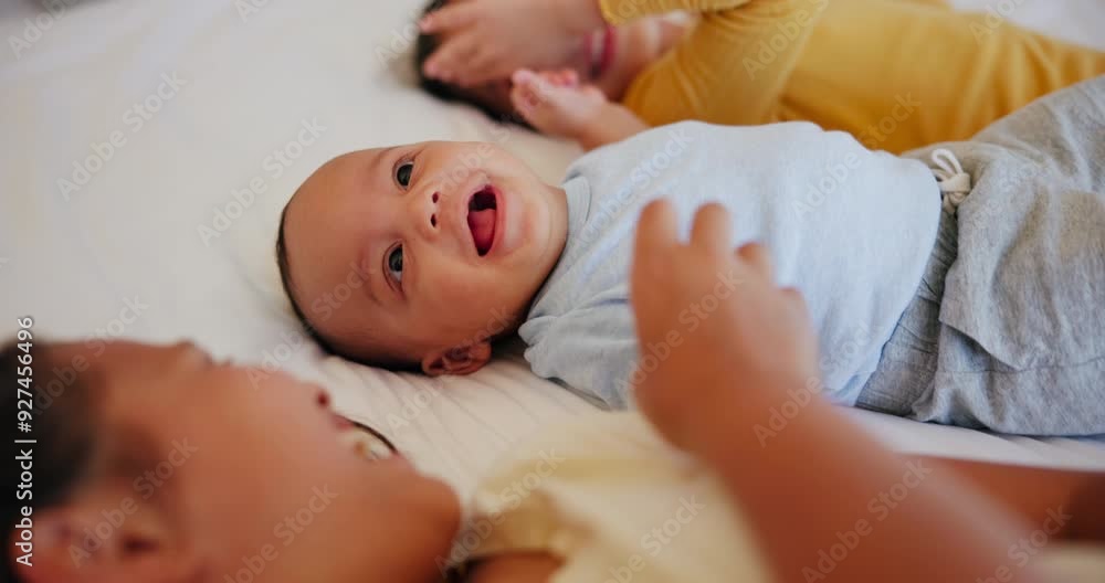 Wall mural Family, smile and sisters with their baby brother in the bedroom of their home together from above. Children, love or happy with girl kids and an infant boy playing on a bed for morning bonding