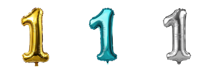 Colorful birthday number ONE balloons isolated on transparent background