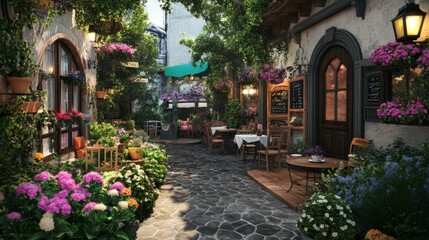 Charming cobblestone alleyway with cafe tables, a wooden door, a sign with menu, flowers, potted plants, and warm sunlight shining on the stone floor.