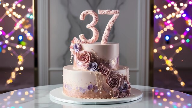 Elegant 37th Birthday Cake with Twisted Number Topper and Delicate Floral Embellishments
