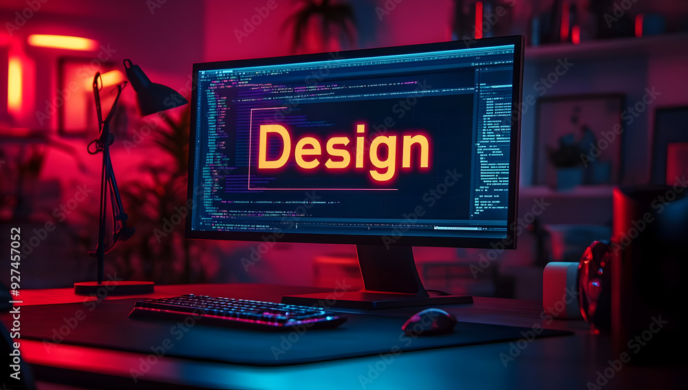 Poster a vibrant workspace showcasing a computer screen displaying the word 'design' in bright neon lights 