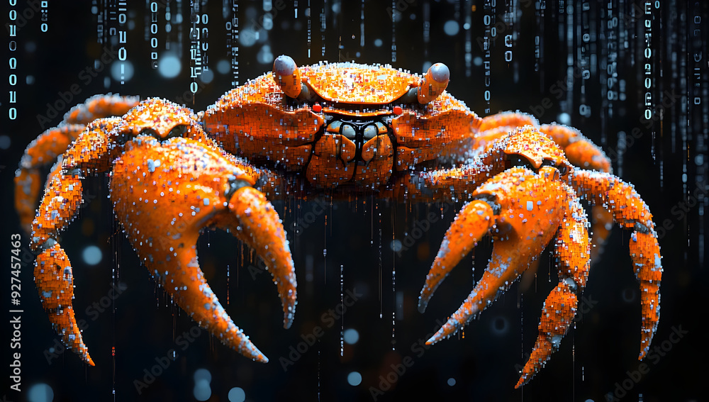 Poster a vivid orange crab stands out against a digital backdrop of cascading binary code and droplets, sho