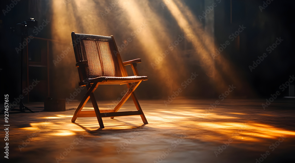 Poster a wooden chair illuminated by soft rays of light, creating a warm and inviting atmosphere in an arti