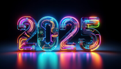 カレンダー。2025年を想像しながら、数字が輝くSFとファンタジーの世界に思いを馳せる。ネオン管で作られた数字がカラフルな彩りと高い彩度で発光し、未来の明るい希望にワクワクが止まらない。機械やロボットを中心に、回路や電子を駆使したデザインを造形で表現。プロダクトとしてのオブジェがインテリアに新たな価値をもたらす。