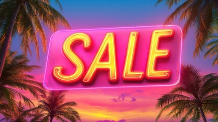 Obraz premium Bright Neon Tropical Summer Sale: Eye-Catching Discount Promotion with Palm Trees and Sunset