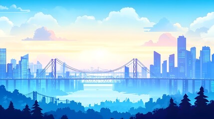 Fototapeta premium Blue Cityscape with Bridge and Sunset Clouds