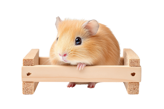 A cute golden hamster resting comfortably in a wooden cage, showcasing its adorable features and fluffy fur.