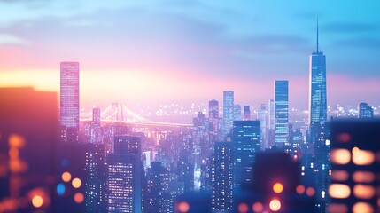 City Skyline Night Lights Purple Pink Sunset