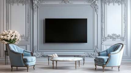 A classic living room with a flat-screen TV on a wooden stand, surrounded by ornate moldings and elegant furniture.