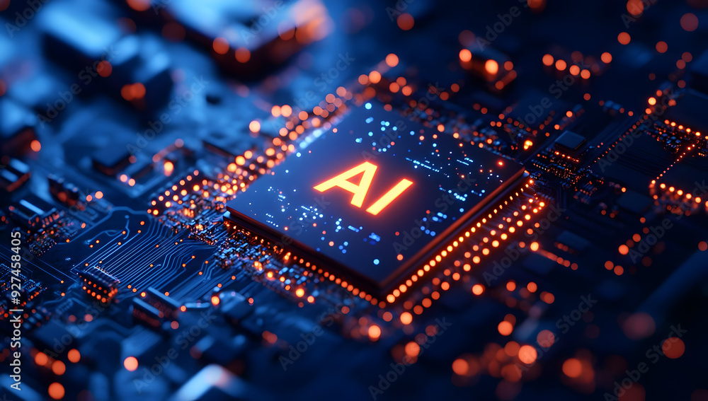 Poster close-up of a microchip featuring ai technology illuminated by vibrant lights, symbolizing advanced 