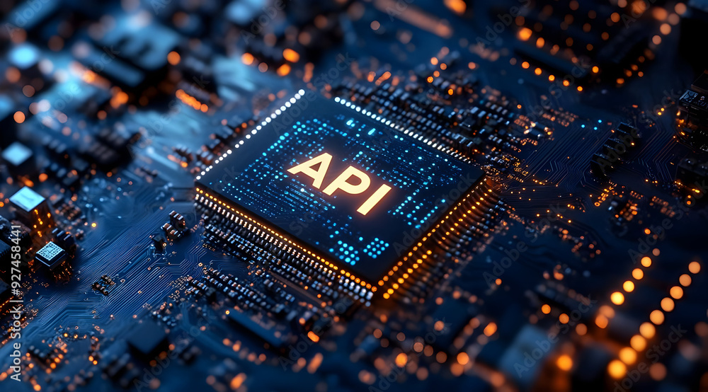 Poster close-up of a microchip showcasing the term 'api', highlighting technology and digital innovation.