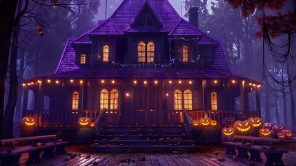 Halloween-style house with purple roof, dark gray wooden boards, orange lights in the house, lights hanging on the eaves, two rows of benches under the windows on both sides