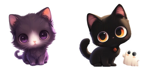 Fototapeta premium A cute black kitten with a tiny ghost friend, Halloween theme, digital art, isolated on transparent background
