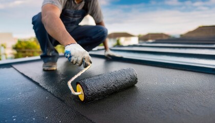 Using a roller brush to apply a waterproof coating to a rooftop. Generated image