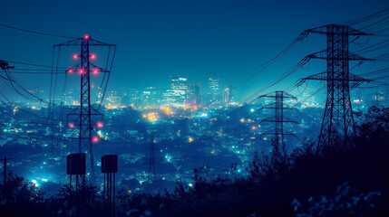Electric transmission lines going towards the bright night city