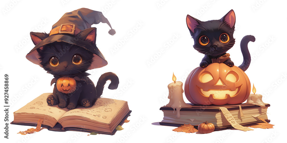 Wall mural A kitten sitting on a Halloween spellbook, digital art, isolated on transparent background