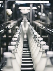 Obraz premium Inside the milk factory, the conveyor belt is filled with rows and rows of pudding bottles of milk, with no design on the sides of the glass bottles