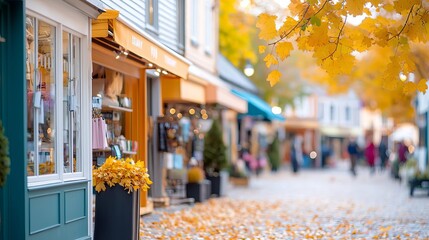 Autumn shopping scene with golden leaves falling, cozy boutiques lining a charming small town street, Seasonal Shopping, Autumn Atmosphere