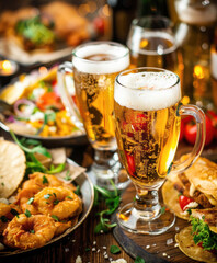 Cold beer with snacks. AI generative.