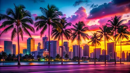 Vibrant and colorful 1980s vintage Miami Florida scene, retro, neon, pastel, palm trees, beach, sunny, vacation
