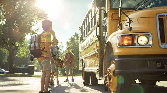 Joyful Kids Boarding School Bus on a Bright Morning