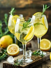 Fototapeta premium Lemon, citrus spritz cocktails on rustic timber 