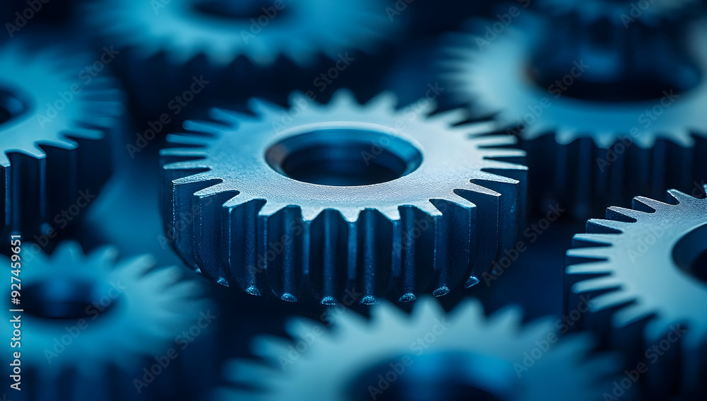 Poster close-up of metallic gears with a blue hue, highlighting the intricate details and precision enginee