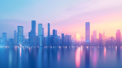 Fototapeta premium Cityscape Reflections at Sunset, Pink and Blue Tones