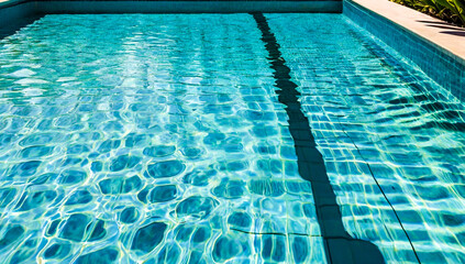 Obraz premium A serene turquoise pool with palm leaf shadows dancing on crystal-clear water, surrounded by lush tropical greenery, creating a tropical and tranquil atmosphere under the sun. 