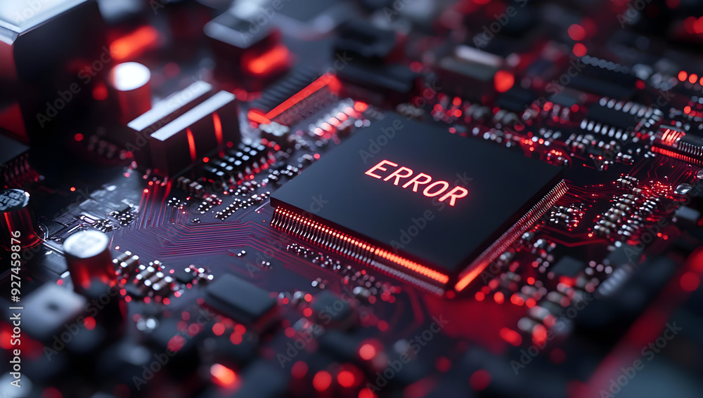 Poster close-up view of a circuit board displaying an error message, highlighting technology issues in digi