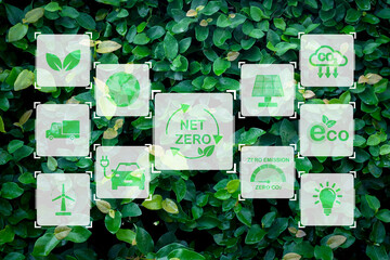 Net Zero interface with icon on green leave background meaning for Net Zero,Green energy,Zero...