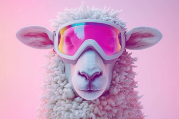 A playful sheep wearing colorful ski goggles against a soft pastel gradient background The image radiates fun and a whimsical vibe