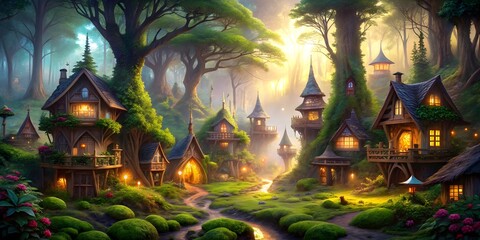 Fototapeta premium Fantasy fairy tale scene with a magical village hidden in the enchanted forest , fantasy, fairy tale, scene, magical