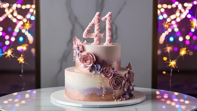 Elegant 41st Birthday Cake with Intricate Floral Number Topper and Cascading Floral Decorations
