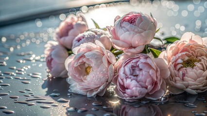 Pink Peonies with Water Droplets, Romantic Floral Arrangement on Reflective Surface with Bokeh
