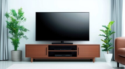 A TV set in a contemporary living room, surrounded by modern design elements, creating a stylish and cohesive space.