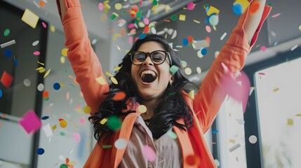Office celebration, Indian. businesswoman celebrating and cheering after a successful corporate achievement