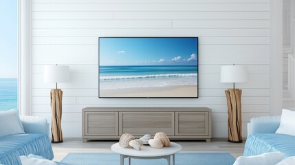 A bright and airy living room with a TV, wooden stand, surrounded by beach-themed decor and soft blue tones.