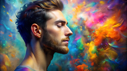 colorful image of a man with closed eyes, concept of flight of thought, science fiction.