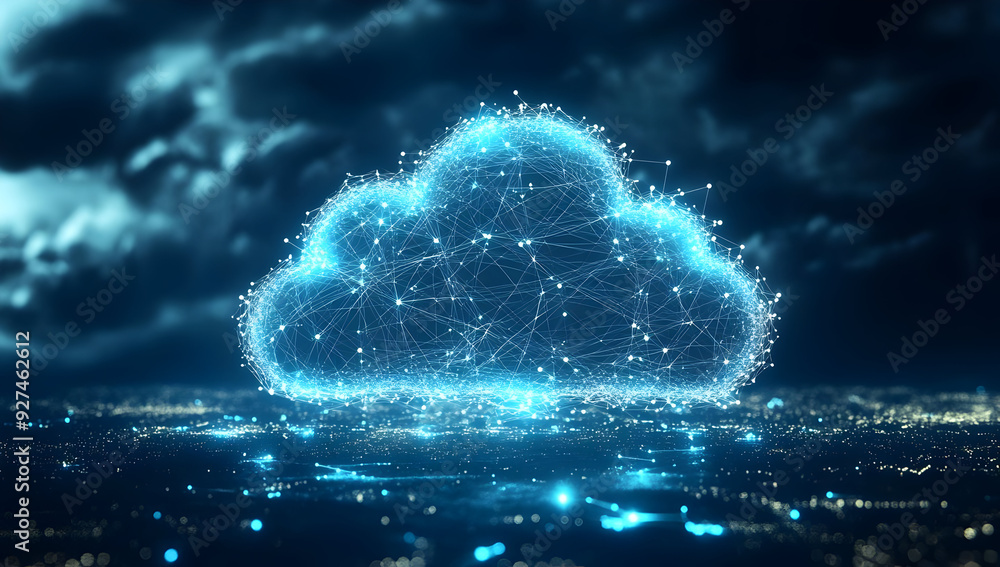Poster digital cloud rendered with glowing connections, symbolizing technology and data storage in a futuri