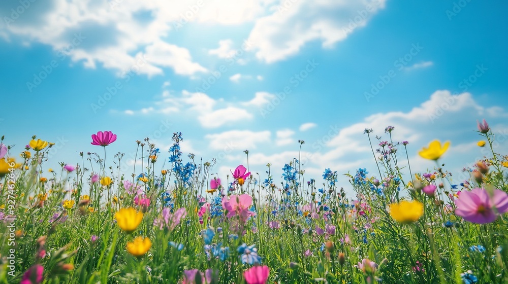 Wall mural colorful wildflowers in a meadow with a blue sky and sun