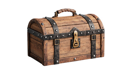 A vintage wooden treasure chest with metal accents, perfect for storage or decoration in any rustic-themed setting.