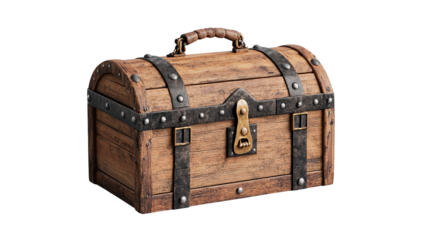 A vintage wooden treasure chest with metal accents, perfect for storage or decoration in any rustic-themed setting.