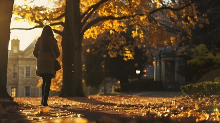 silhouette of a woman walking on old vintage campus college ivy league in autumn fall trees leaves in magazine editorial cinematic film look