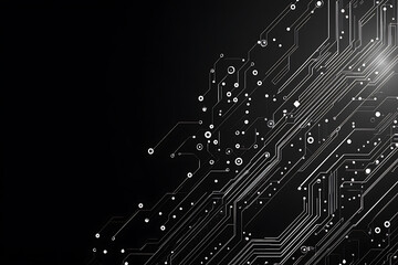 A modern abstract circuit design with silver lines and dots on a sleek dark background, ideal for technology-related templates and web design.