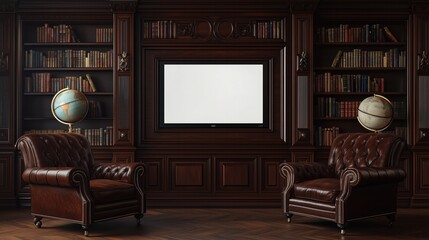 A traditional library with a television mounted on a wooden wall, surrounded by dark wood tones and antique decor.